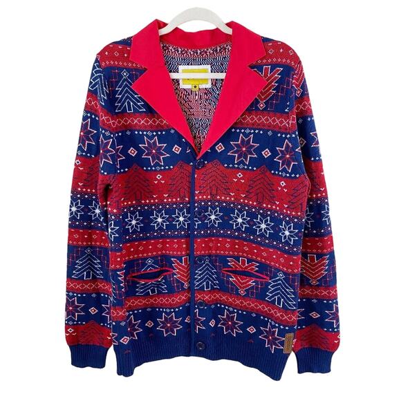 Tipsy Elves Navy & Red Fair Isle Christmas Cardigan Sweater Men's Size Large EUC - Picture 1 of 7